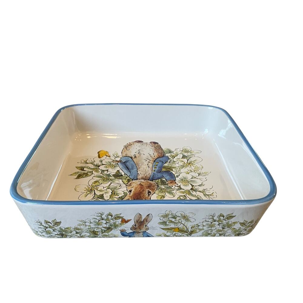 Beatrix Potter Peter Rabbit 9" Square Ceramic Baker Blue Rim Easter Bakeware NEW - Picture 9 of 13
